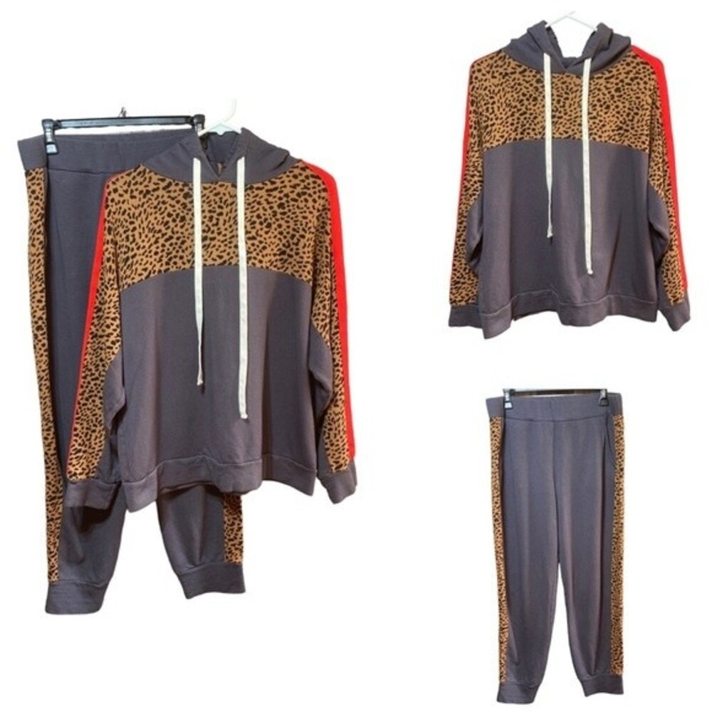 Monrow- Gray/Red/Leopard Print Matching Hoodie & … - image 1
